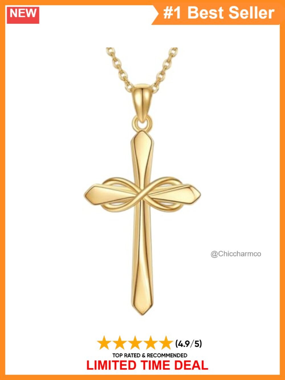 18K Gold Plated Infinity Cross Necklace Cubic Zirconia Pendant Women